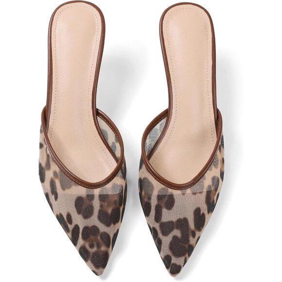 Women's Mesh Leopard Kitten Heels Closed Pointed Toe Stiletto Heels Black Mules - Picture 5 of 7